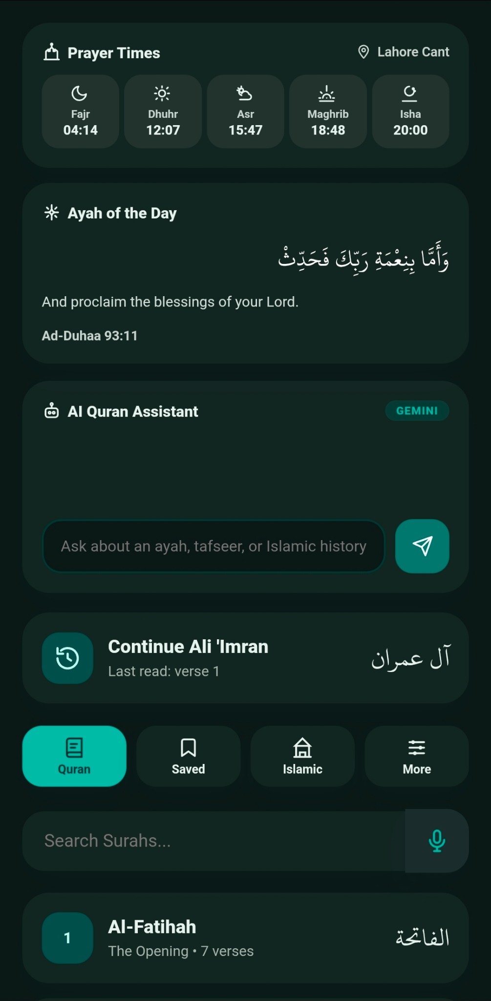 Al-Rehman Quran App — Home screen with prayer times, ayah of the day and AI Quran Assistant