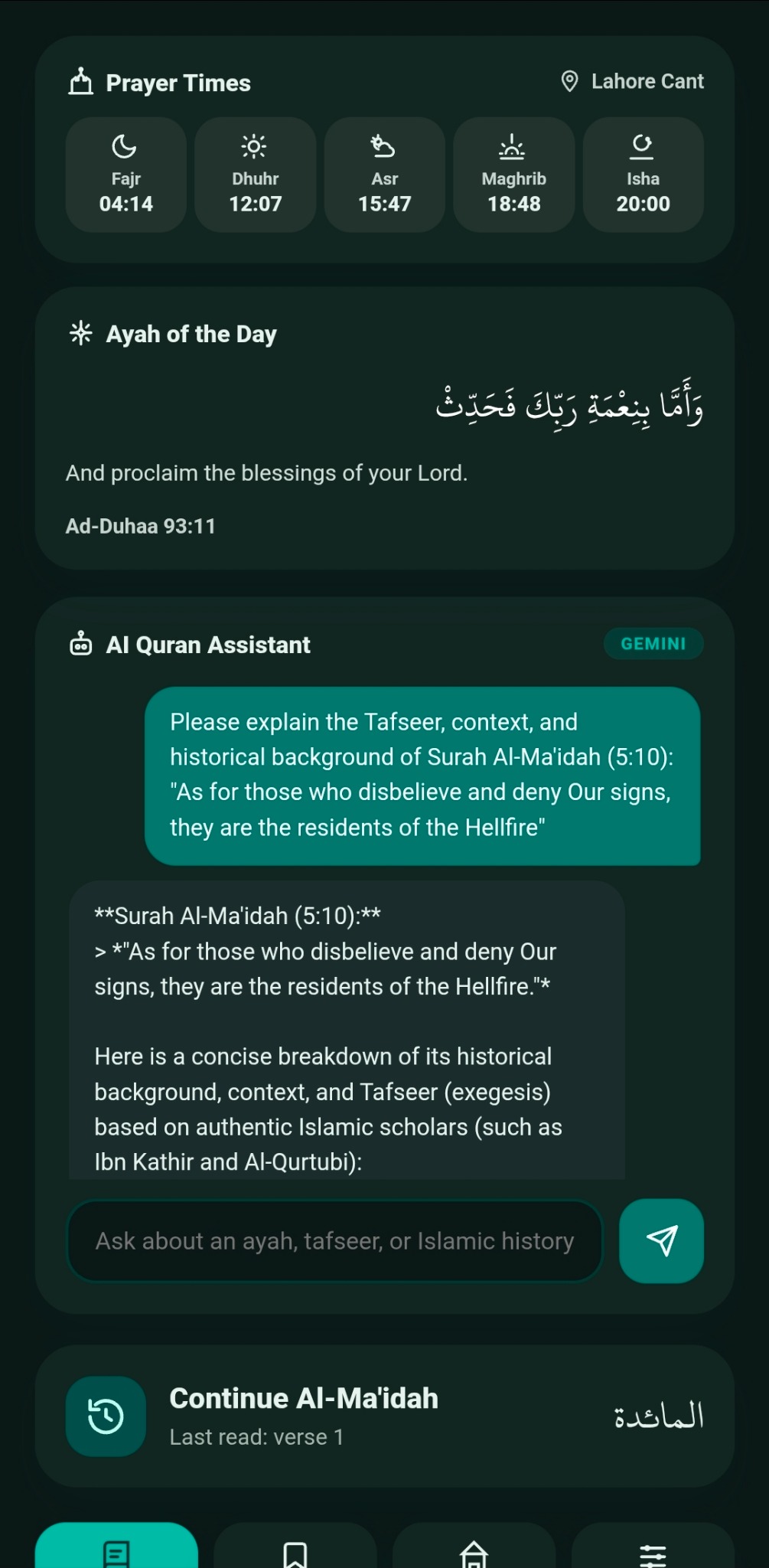 Al-Rehman Quran App — AI Quran Assistant with a tafseer response